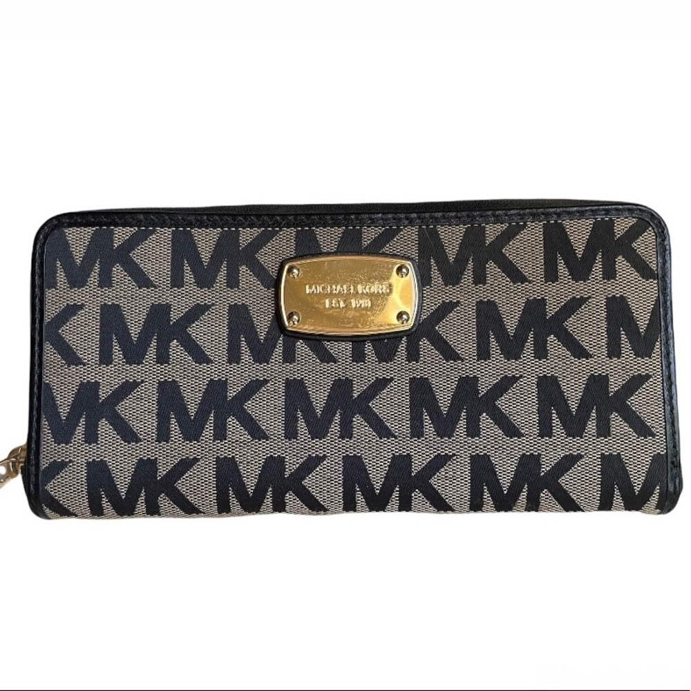 MK Michael Kors Black Fabric Monogram Long Wallet/ Full Zipper Closure